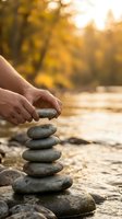 Hands carefully placing smooth river stones in balanced stack during golden hour sunset creating zen meditation concept for mindfulness and inner peace practices.