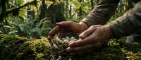 Hands of a middle-aged Caucasian male forest worker or naturalist carefully examining moss and organic matter on forest floor among trees and vegetation.