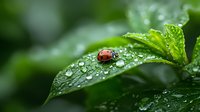 Tiny red ladybug resting on wet green leaf covered in morning dew drops against blurred natural background, macro nature photography.