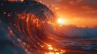 Dramatic ocean wave curling with golden sunset light creating magical water droplets and spray against vibrant orange sky for surfing and nature themes.