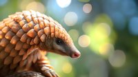 Close-up portrait of pangolin with scaly armor showing detailed texture of overlapping scales against blurred natural bokeh background in warm sunlight.
