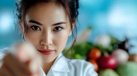 Young Asian woman in white chef uniform smiling confidently in professional kitchen with fresh vegetables and ingredients in soft focus background.