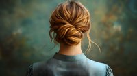 Elegant low bun hairstyle with loose strands shown from behind on blonde woman wearing blue blouse against soft bokeh background. Professional updo styling.
