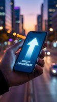 Hand holding smartphone displaying upward arrow and quality improvement text against blurred city skyline at dusk, symbolizing business growth, progress, and digital transformation for corporate applications.