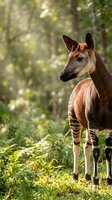Okapi standing in lush forest habitat with dappled sunlight filtering through trees, showcasing striped legs and reddish-brown coat in natural environment.
