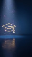 Glowing golden graduation cap neon icon on dark blue background with digital particles and light effects, symbolizing education, learning, and academic achievement for online courses.