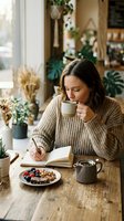 Young woman enjoying morning coffee while writing in journal at cozy cafe with plants and natural light creating peaceful atmosphere for productivity.