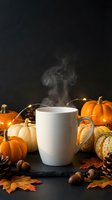 Steaming white mug surrounded by autumn pumpkins, gourds, fall leaves, acorns, and pinecones on dark surface against black background for seasonal beverage marketing.