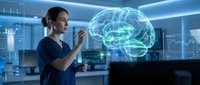 Female doctor analyzing holographic brain scan in futuristic medical laboratory with digital interface technology for neurological research and diagnosis.