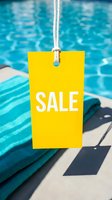Yellow sale tag hanging by rope over teal towel near sparkling blue swimming pool, summer discount and retail promotion concept.