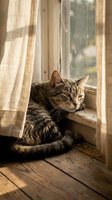 Tabby cat resting on wooden windowsill by rainy window with warm sunlight and flowing curtains creating cozy indoor atmosphere.