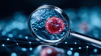 Magnifying glass focusing on red virus cell against blue molecular background, scientific research concept for medical and healthcare presentations.
