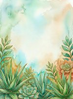 Watercolor succulent plants frame with soft pastel background, botanical border design for invitations, cards, and decorative projects with copy space.