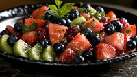 Fresh summer fruit salad with watermelon, blueberries, kiwi, strawberries and mint leaves arranged on black plate, close up view with natural lighting and dark background.