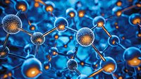 Molecular structure with glowing orange cores connected by silver pathways on deep blue background, representing scientific research in nanotechnology.