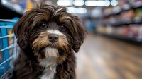 Adorable brown and white havanese puppy with expressive eyes looking at camera while shopping in pet store, blurred retail background creates depth and atmosphere.