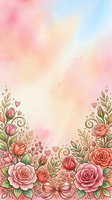 Soft watercolor background with hand-drawn floral border featuring pink and coral roses, green foliage, hearts, and decorative elements. Isolated design ready for greeting cards, invitations, and wedding stationery projects.