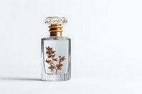 Elegant glass perfume bottle with delicate copper floral design on white background, luxury fragrance container with ornate stopper for cosmetic and beauty industry.