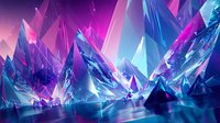 Futuristic crystalline landscape with sharp angular formations in vibrant neon purple, pink and blue colors reflecting on glossy surface, creating abstract geometric patterns.