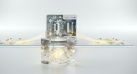 Electronic circuit board with glowing light strings emerging from transparent cube, representing data flow, technology innovation, and digital connectivity for tech concepts.