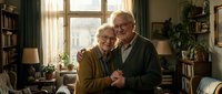 Happy senior Caucasian couple embracing in cozy living room with warm sunlight streaming through windows. Elderly man and woman showing affection at home.