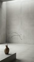 Minimalist still life with single curved branch in small wooden vase on concrete platform against neutral gray wall backdrop. Suitable for interior design, home decor, and contemporary art projects.