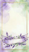 Watercolor lavender flowers with purple ribbon banner and gold frame border on soft pastel background, isolated design element for invitations, greeting cards, and wedding stationery projects.