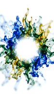 Circular frame of flowing blue, green, and gold liquid ink swirls with dynamic splashes on white background, suitable for abstract backgrounds, design overlays, and creative projects.