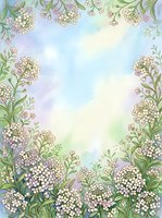 Watercolor floral frame with white and lilac blooms on a soft pastel blue-green background, perfect for greeting cards and invitations.