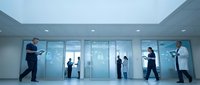 Professional business team analyzing data on interactive glass displays in modern corporate office environment for presentations and meetings.