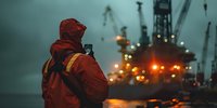 Worker in orange safety gear observing illuminated offshore oil platform at dusk, industrial cranes and maritime equipment creating dramatic silhouettes against moody sky.