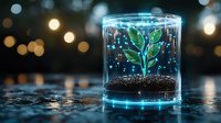 Young green plant growing in glass container with soil and glowing blue light effects against dark bokeh background, concept of growth and innovation.