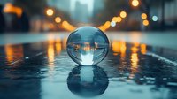 Crystal ball on wet surface reflects urban lights and cityscape in moody evening atmosphere, creating magical street photography with bokeh lights and reflections.