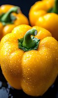 Fresh yellow bell pepper with water droplets in macro photography against dark background, highlighting natural texture and vibrant color for food styling.