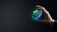Businessman hand holding glowing digital gear with circuit board pattern, symbolizing smart technology, automation, and innovation on dark background.