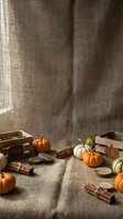 Autumn harvest display with orange pumpkins, gourds, cinnamon sticks and wooden crates on rustic burlap fabric background for seasonal decoration.