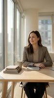 Professional businesswoman in gray suit sitting at modern office desk with books and coffee cup, smiling confidently by large windows with city view.