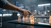 Professional businessman hand moving chess piece on glass board in modern office environment showcasing strategic thinking and corporate decision making.