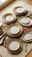 Stacked ceramic dinnerware with gold rims arranged on neutral textured fabric with spoons and napkins, showcasing tableware styling for dining and entertaining purposes.