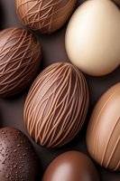 Assorted luxury chocolate eggs with elegant striped patterns and varied textures in milk, dark, and white chocolate varieties arranged on dark background.