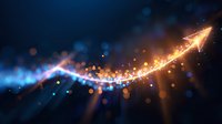Glowing golden arrow rises on curved path with sparkling light trail against dark blue background, symbolizing growth, success and upward momentum.