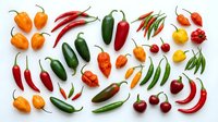 Colorful assortment of fresh hot chili peppers in various shapes and sizes arranged on white background. Spicy cooking ingredients for culinary recipes.