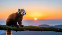 Red panda sitting on moss-covered branch during golden hour sunset with warm orange sky background for wildlife and nature photography projects.