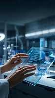 Hands interacting with futuristic holographic interface displaying data analytics in modern laboratory environment for digital technology applications.