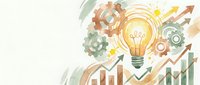 Business innovation concept with lightbulb, gears and growth charts on white background. Corporate strategy and creative solutions for success.