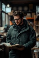 Young Caucasian man with beard and glasses wearing green winter jacket reading book in workshop environment. Moody atmospheric lighting creates studious ambiance.