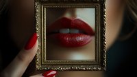Close-up of red glossy lips framed in ornate golden vintage frame held by manicured hand. Beauty makeup cosmetics luxury fashion concept for advertising.