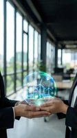 Hands holding glowing holographic globe with digital network icons and data visualization in modern office space with windows, representing global business connectivity and technology innovation.