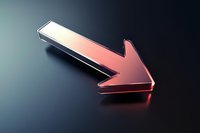 Metallic red arrow pointing diagonally downward on dark background with dramatic lighting and reflective surface, modern minimalist design for business presentations.