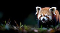 Red panda peering through dark foliage with curious expression, showing white face markings and pointed ears against blurred natural background.